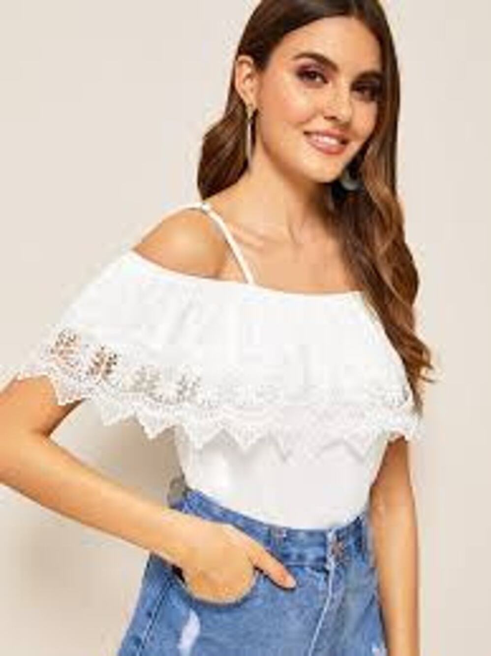 Womens Lace Trim Off Shoulder White Top Coquette Boho Bardot Neckline Sz XL